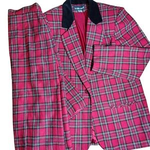 Sag Harbor Red Tartan Plaid Blazer Pant Suit Set Velvet Collar Vintage 12‎